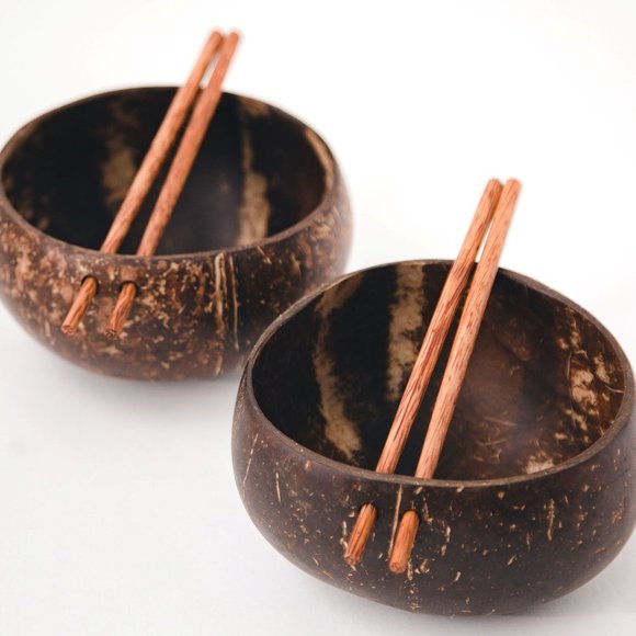 JUMBO Polished Coconut Bowl Set with Chopsticks x2 - Picture 1 of 15
